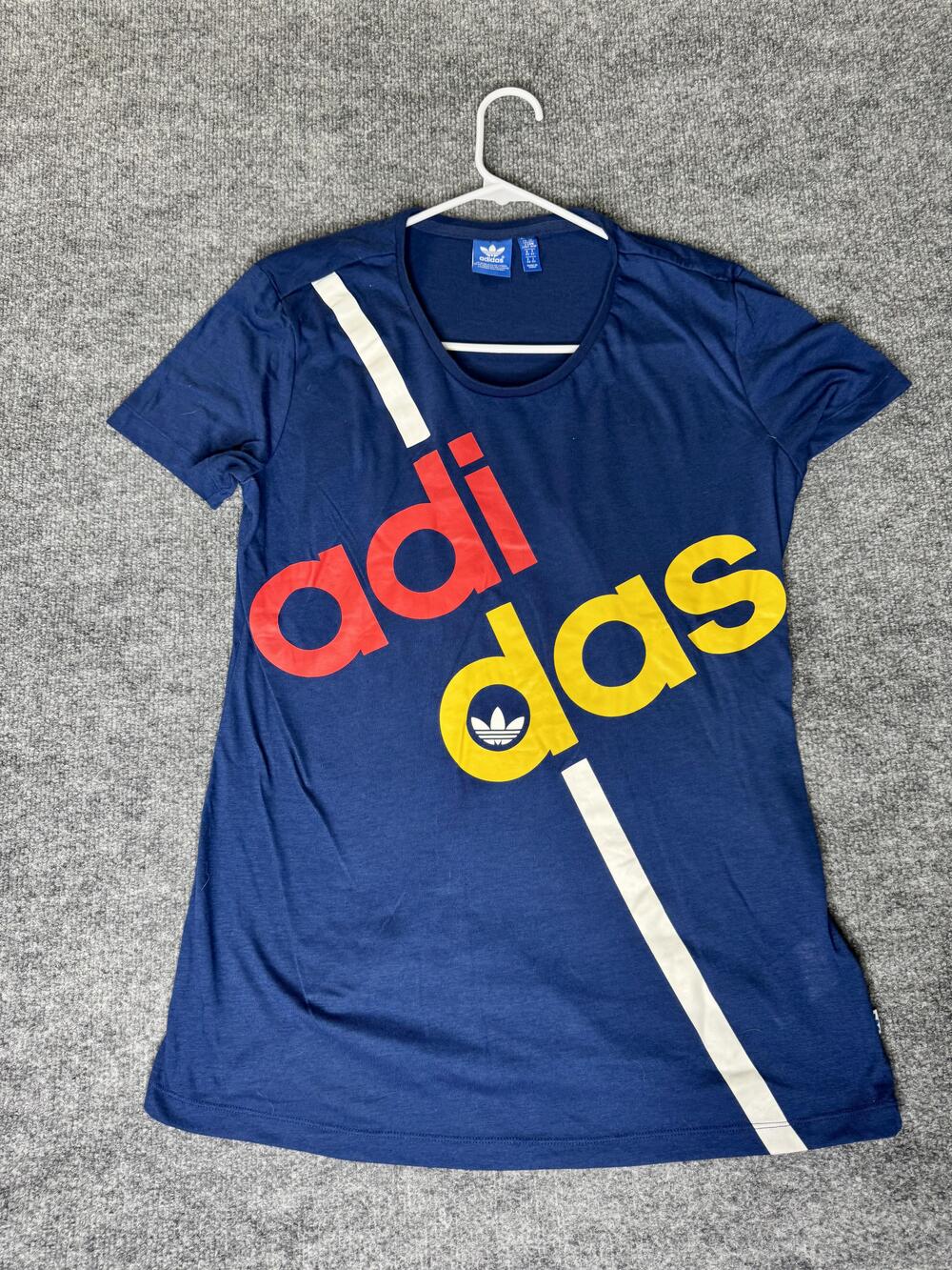Adidas Shirt Womens Medium Blue Diagonal Logo Trefoil Graphic Tee Casual Basic